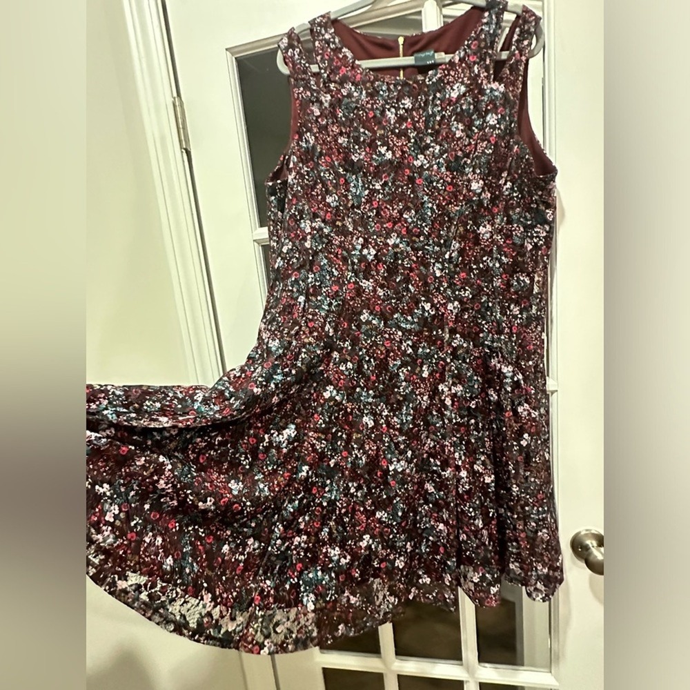 Gabby Skye Floral Lace Dress 18W Burgundy Cold Shoulder Fit Flare Romantic Party - Picture 3 of 13